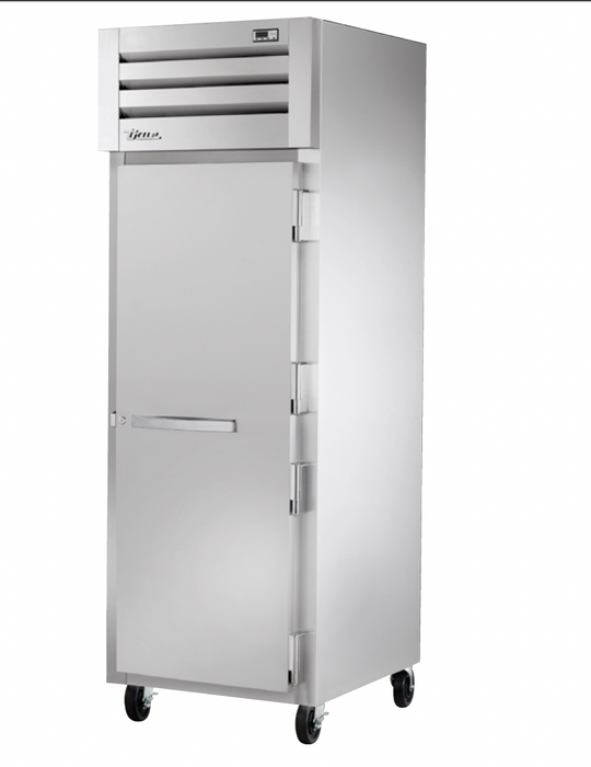 Stainless steel commercial refrigerator on a white background