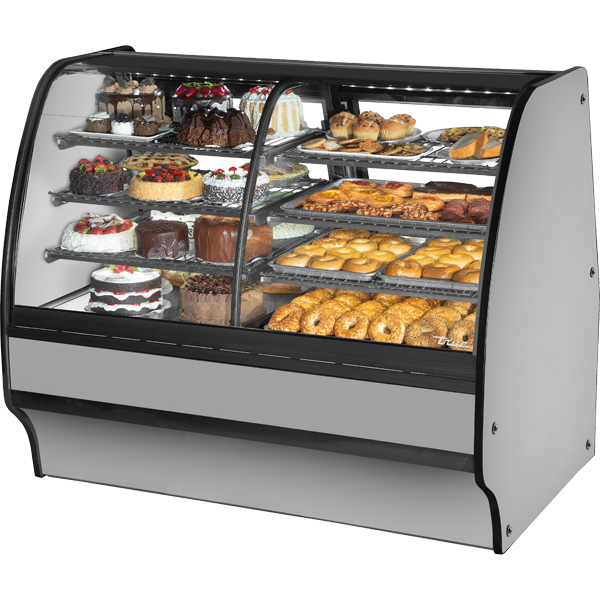 Bakery display case with various pastries and cakes on a white background