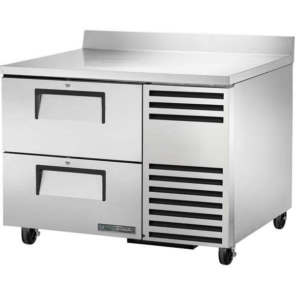 Stainless steel refrigerator with two doors and a freezer drawer on a white background