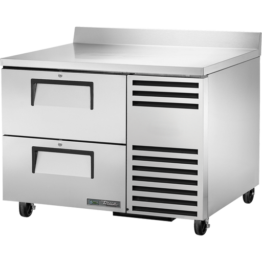 Stainless steel refrigerator with two doors and a freezer drawer on a white background